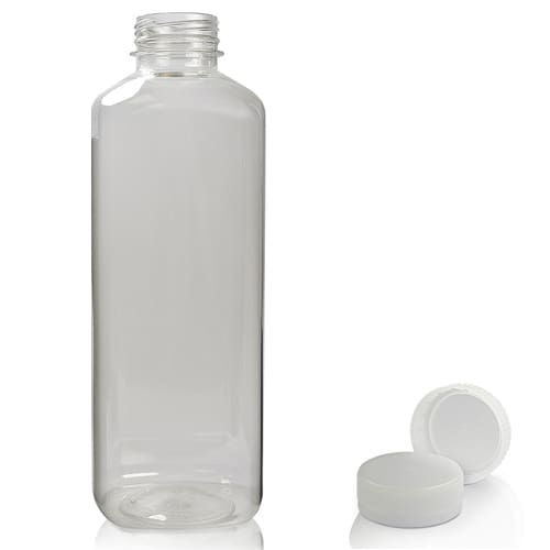 1L Square Plastic Juice and Smoothie Bottle PET - 38mm Neck with Cap